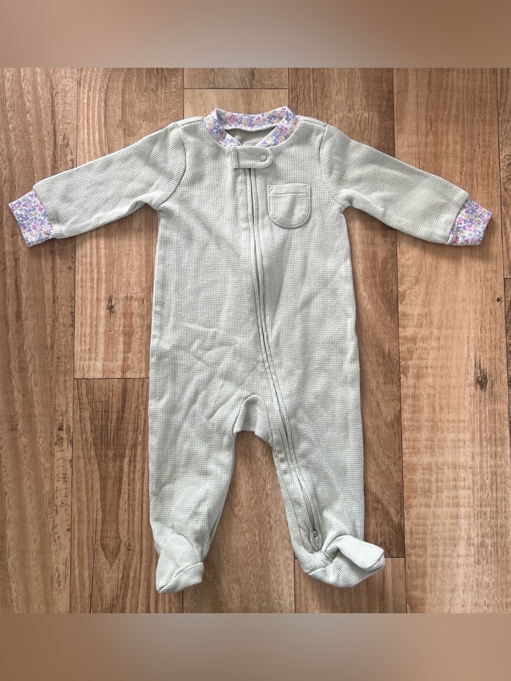 Soft Waffle Knit One-Piece Footed Pajamas in Sage with Floral Trim size 6 months